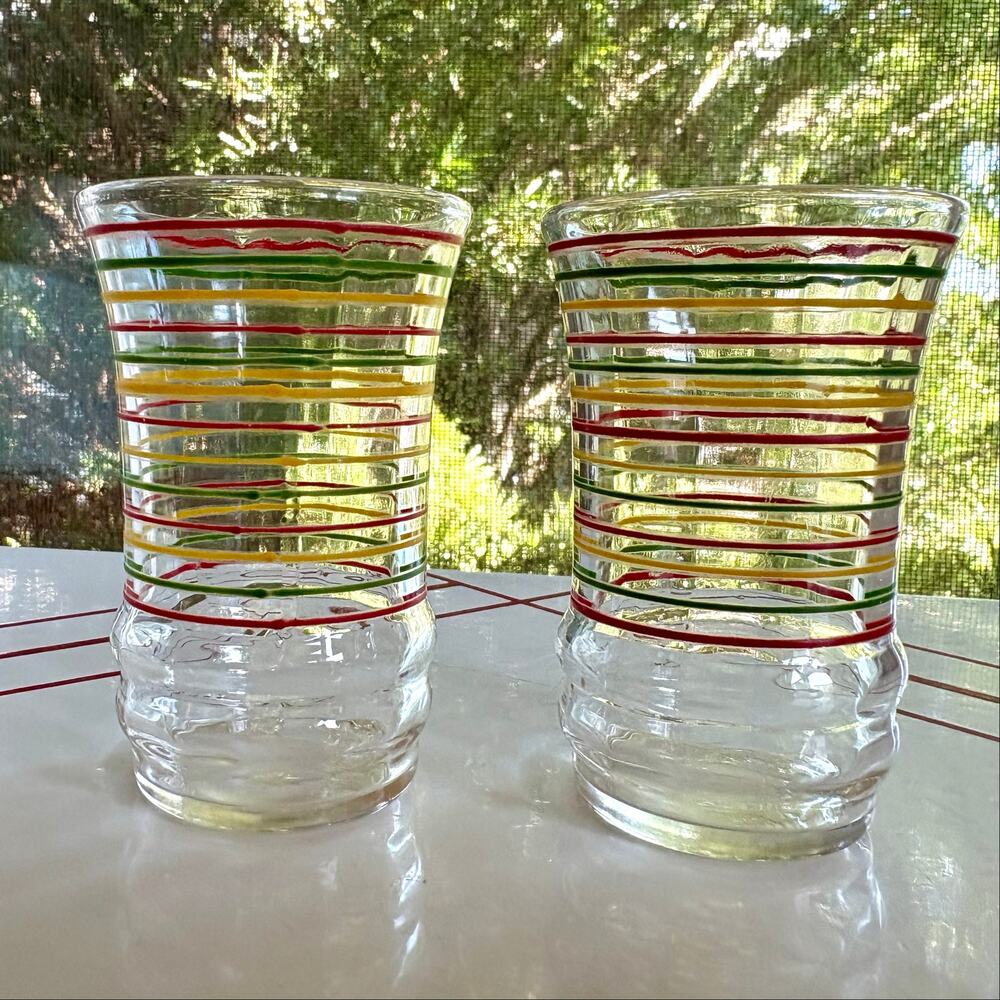 Tiny Vintage 3 Inch Striped Juice Glasses Set of 2 Red Green Yellow
